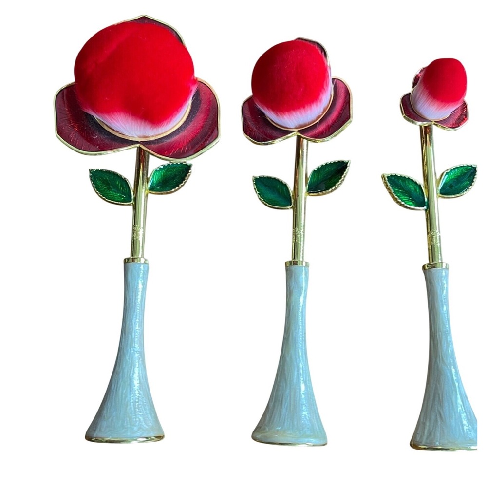 3pc Rose Flower Makeup Brush Set Red Floral Vanity Decor Powder Blush Brushes